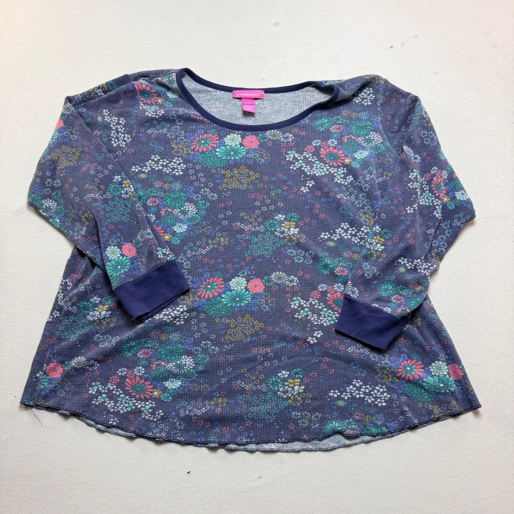 Woman Within Thermal Top Women 1X Blue Floral Excellent Waffle Knit Long Sleeve